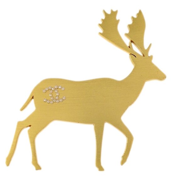 Chanel Deer Gold Brooch Pin Artificial Pearl 01A 177173 - Picture 1 of 4